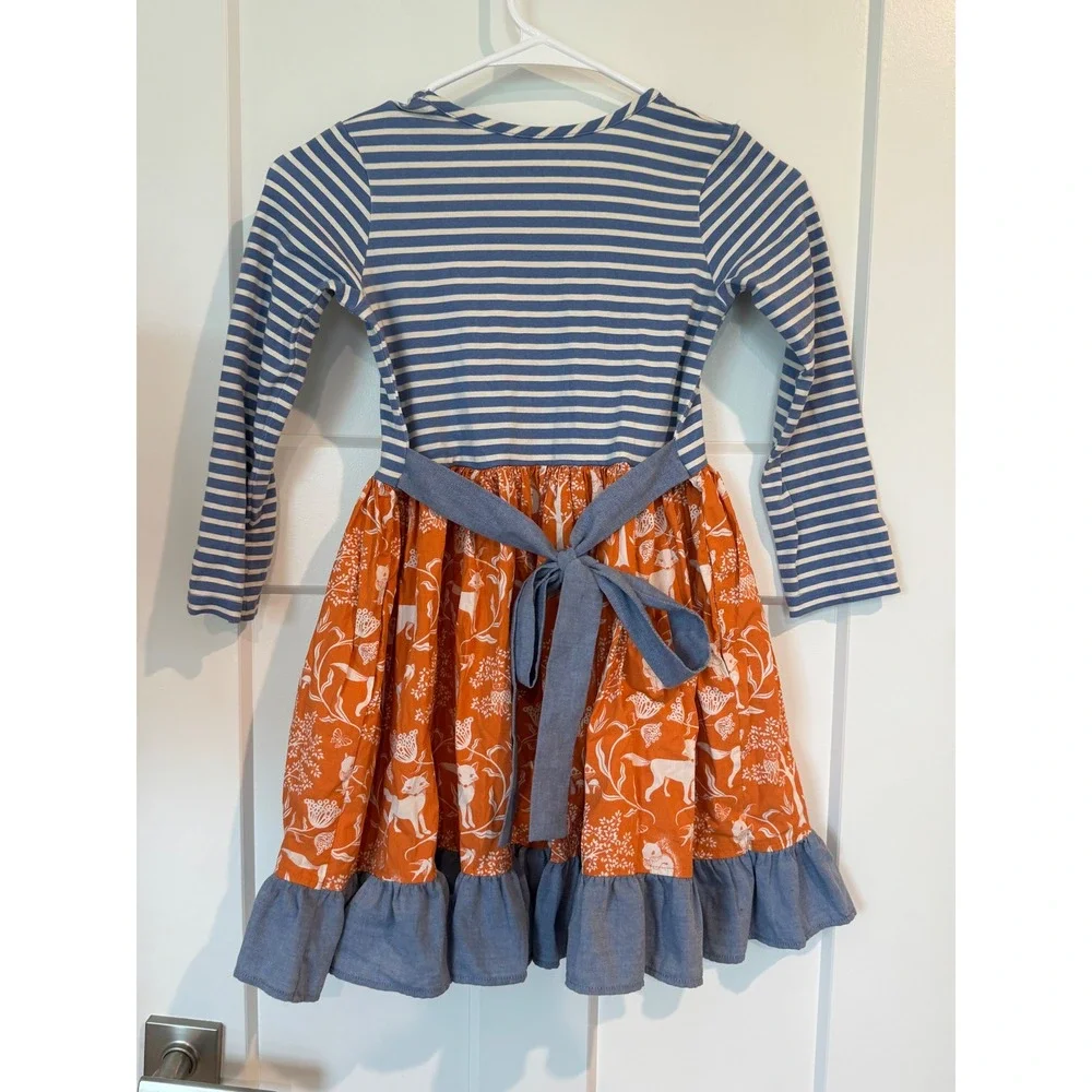 Eleanor Rose Girls Rhonda Woodland Fox Striped Ruffle Dress Orange Blue Size 7-8